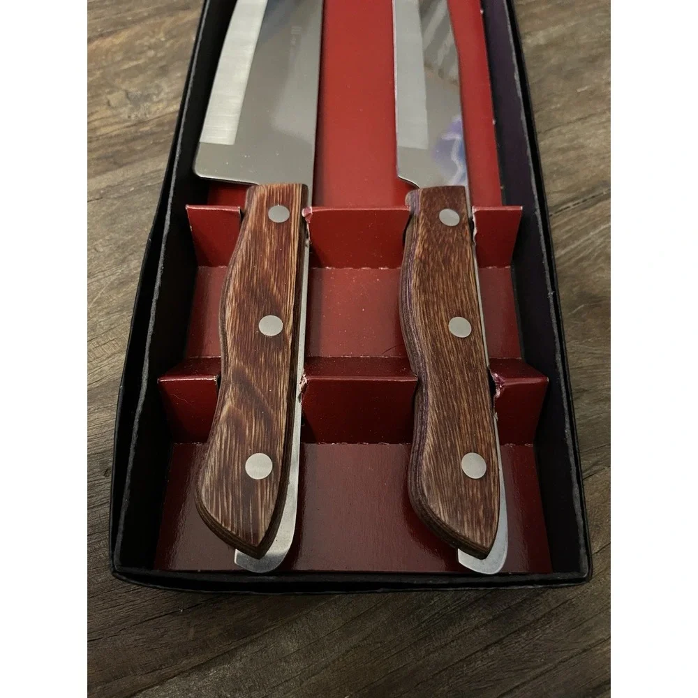Vintage Stainless Steel Chef's Knife &‎ Carving Knife Set-Wood Handles-Box Set